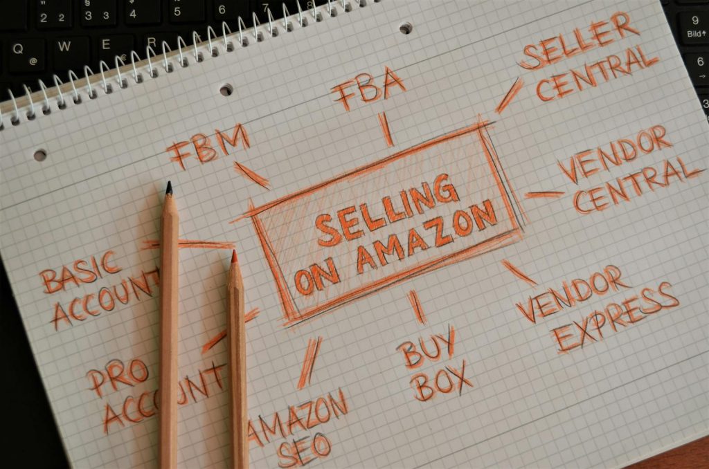 Carnet avec stratégie de vente Amazon manuscrite, présentant des termes et des concepts commerciaux.